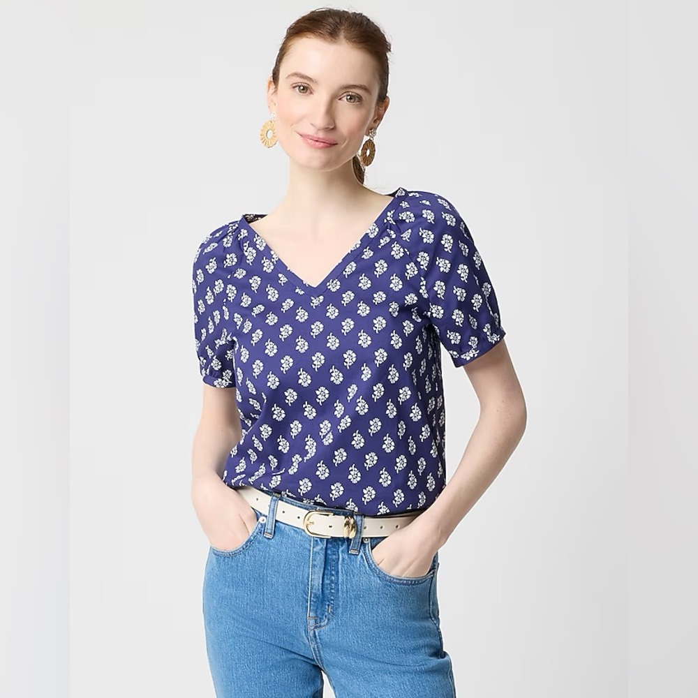 New J.Crew Factory Cotton Poplin Top, Blockprint Floral V-Neck Shirt, Blue